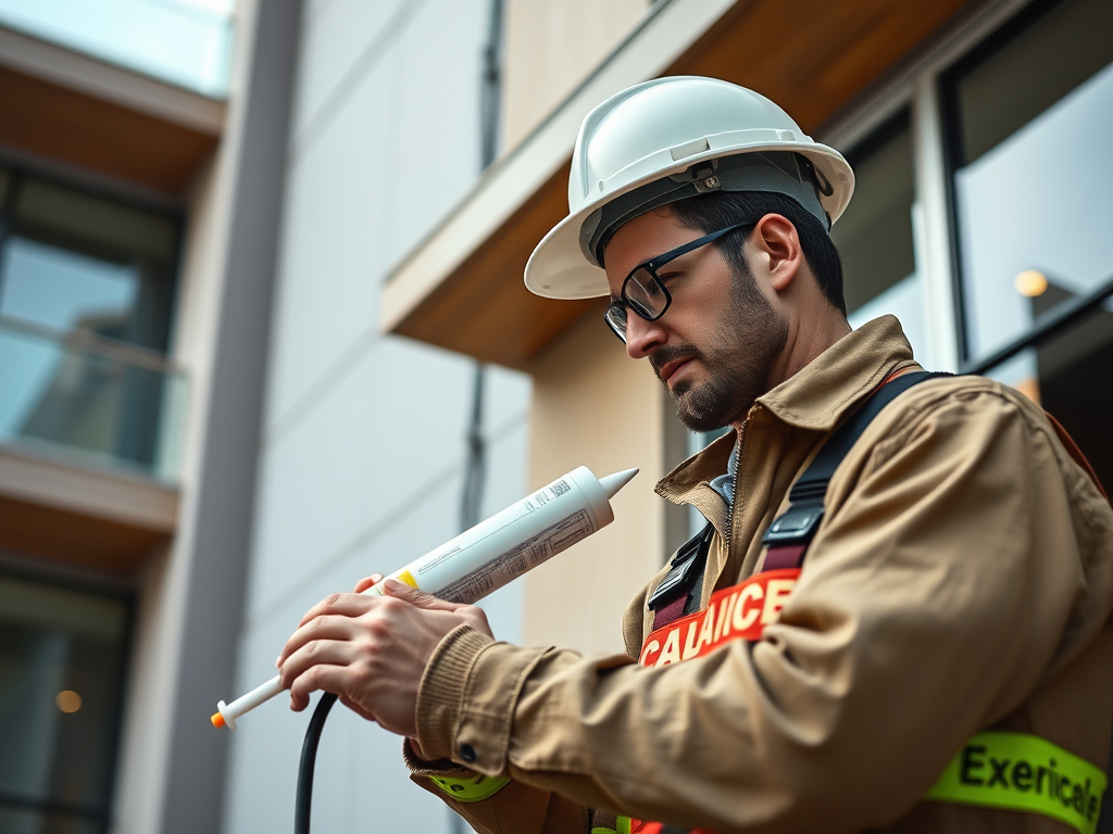 exterior caulking design and application, professional service, real construction site, modern building, clean and detailed, skilled worker applying caulk to joints