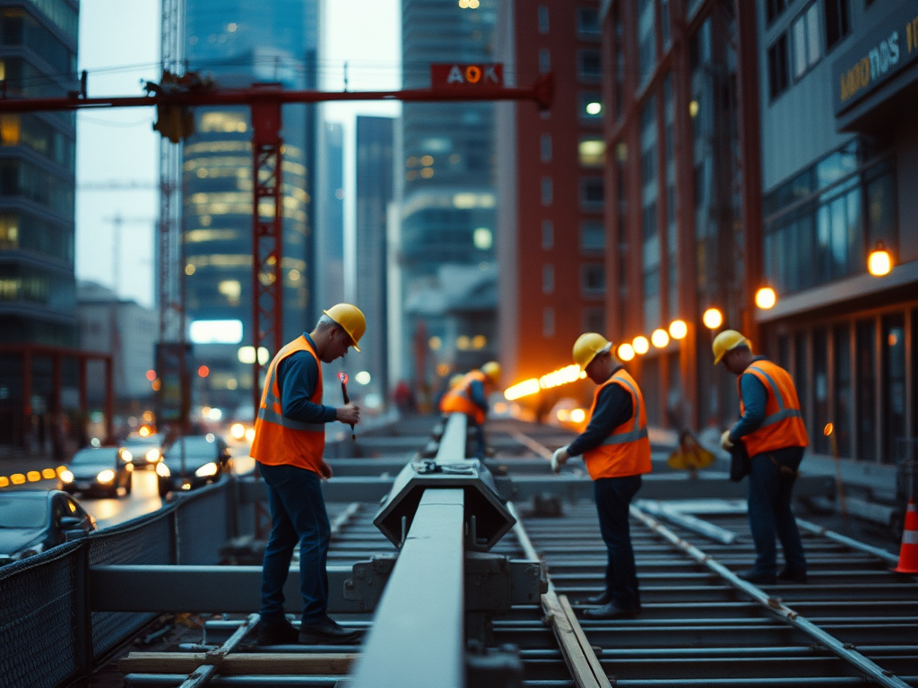 people working on a construction jobsite in downtown Toronto, emphasizing the urban environment and active work